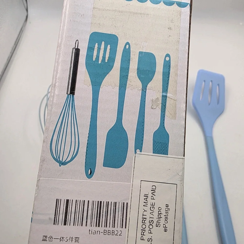 Easy Baking 5 Piece Silicone Kitchen Utensil Set Blue Spatula Whisk Brush BPA L4